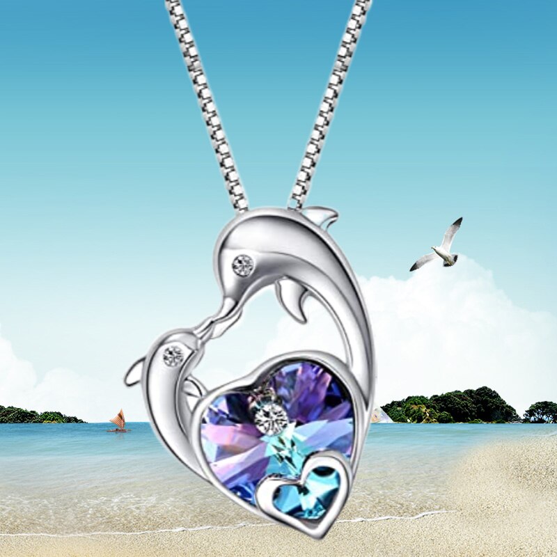 Cute Fashion Income Heart Shaped Dolphin Pendant Necklace Ladies Anniversary Birthday Mother's Day Ocean Jewelry Gift