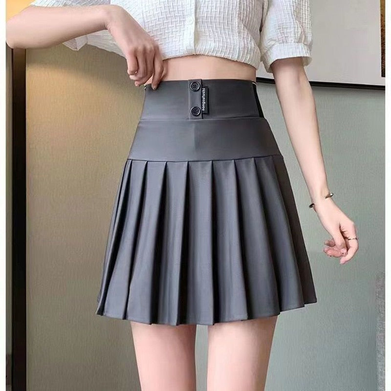 Y2K Harajuku Button Letter Printed Pleated Skirt Elastic High Waist A-Line Mini Skirt Korean Fashion School Kawaii Women Skirt