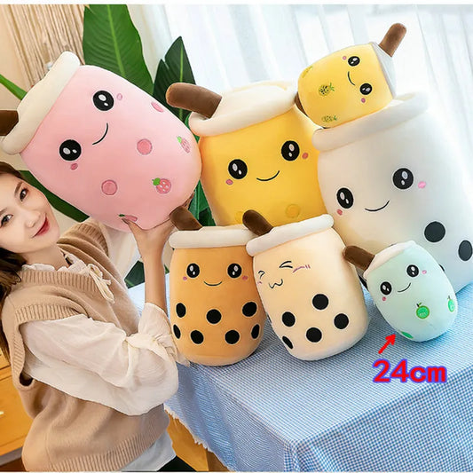 25cm New Cuddly Bubble Tea Plushies Squishy Pearls Milk Tea Boba Stuffed Plush Peluche Ice Cream Fruits Juice Drink Bottle Prop Decor Gift