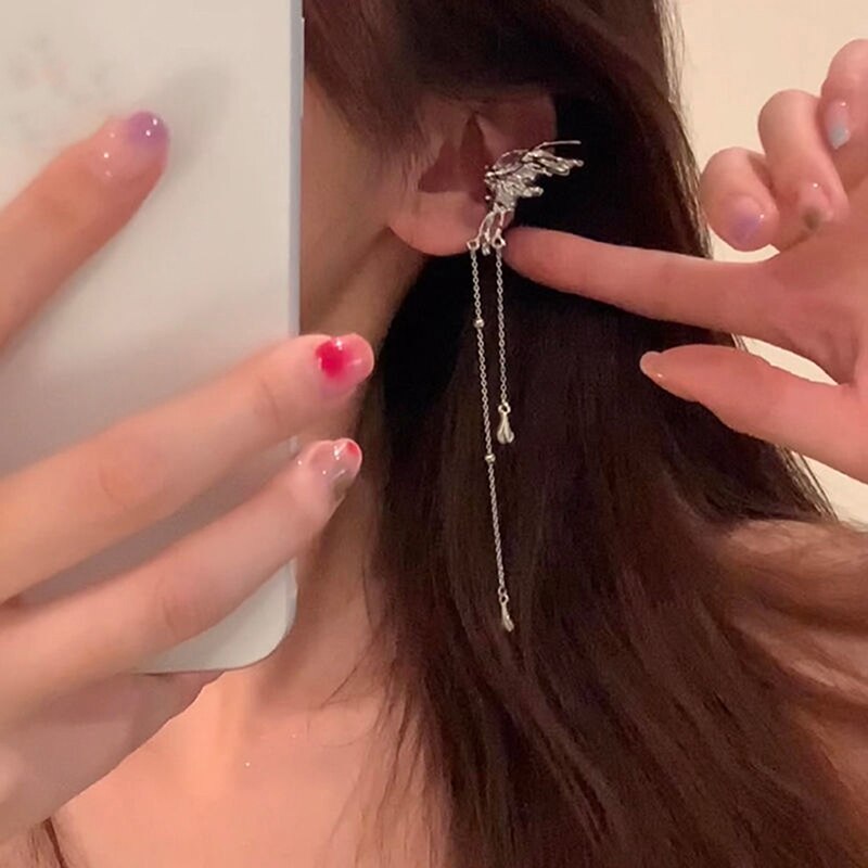 Y2K Fairy Butterfly Tassel Ear Clips Angel Ear Bone Clip Earring Elf Female No Ear Hole Ear Cuff Hanging Earring Fashion Jewelry