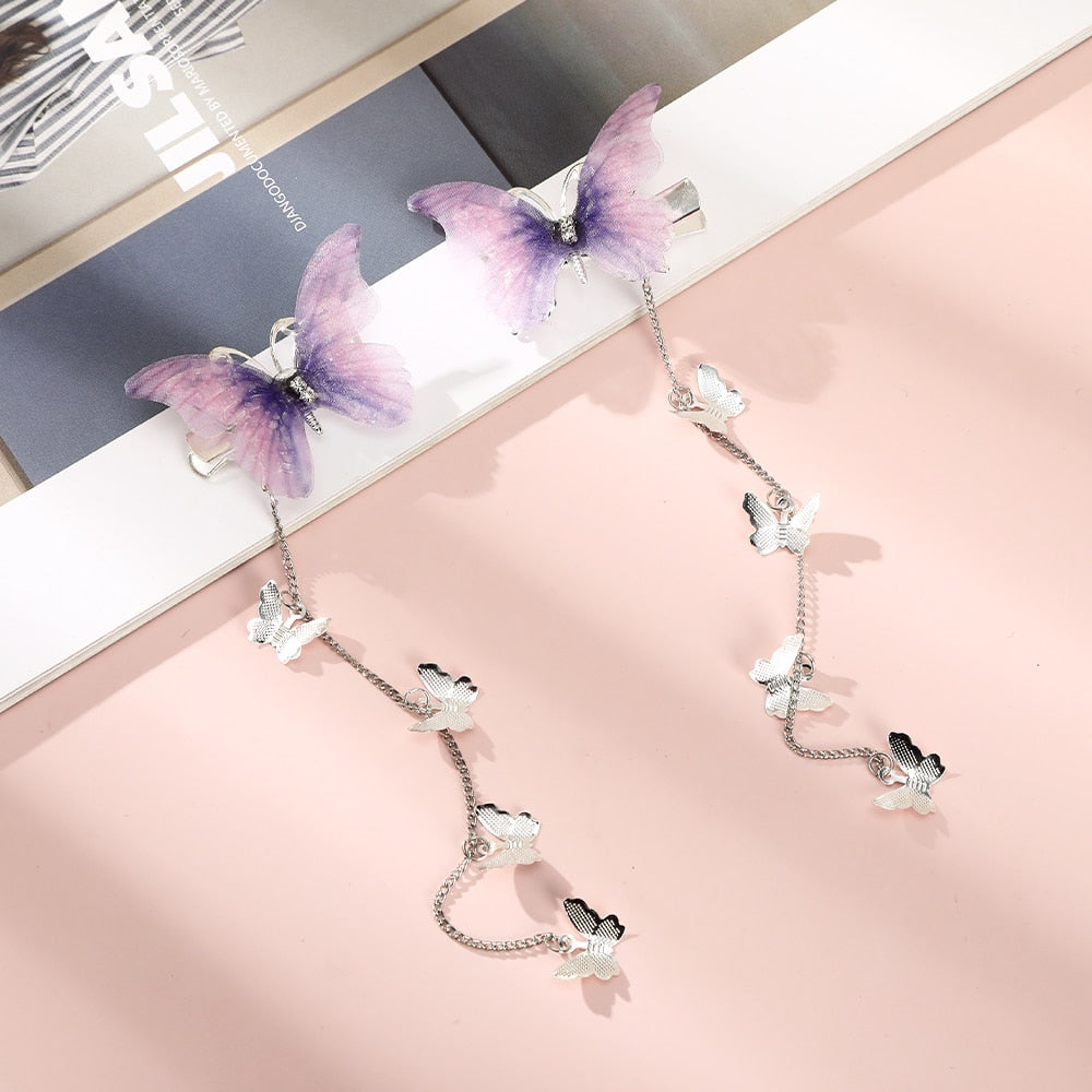 Butterfly Hairpins New Korean Yarn Elegant Metal Tassel Long Hair Clips For Women Hanfu Antique Party Hair Accessories