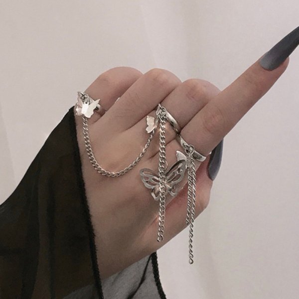 Vintage Punk Butterfly Tassel Chain Ring With Bracelet Link Wrist Chain Finger Rings For Women Flower Pearl Zircon Ring Jewelry