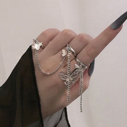 Vintage Punk Butterfly Tassel Chain Ring With Bracelet Link Wrist Chain Finger Rings For Women Flower Pearl Zircon Ring Jewelry
