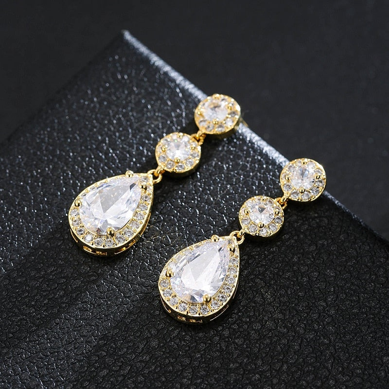 Luxury Zircon Wedding Long Dangle Earrings with Round Water Drop Elegant CZ Earrings for Women Bridal Wedding Jewelry Dress