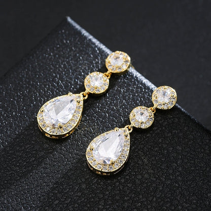 Luxury Zircon Wedding Long Dangle Earrings with Round Water Drop Elegant CZ Earrings for Women Bridal Wedding Jewelry Dress