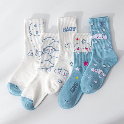 Sanrio Cinnamoroll Cardong Cartoon Girl Heart Autumn and Winter In The Tube Cartoon Socks Every Match Cute Blue Girl Wind