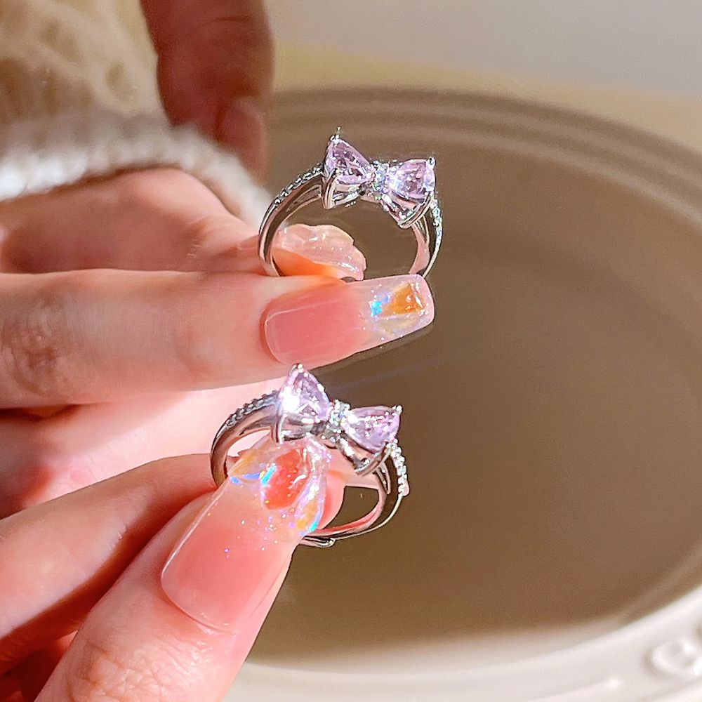 Pink Crystal Heart Bowknot Rings For Women Girls Y2k Kpop Sweet Cool Open Finger Rings Party Fashion Jewelry Gifts New