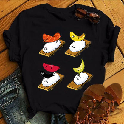 Women Black T-shirts Summer Cute Sushi hug Short Sleeve Tees shirt Femme Summer O-Nock Kawaii Clothing Tops Ladies T shirt