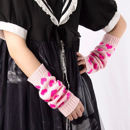 Women Fingerless Gloves JK Arm Warmers Cute Long Glove Winter Gothic Lolita Arm Sleeve Girls Y2k Love Heart Black Classic Mitten