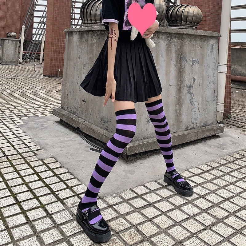 Women Thigh High Over The Knee Socks For Ladies Black White Striped Hosiery Long Cotton Stockings Knitted Warm Soks