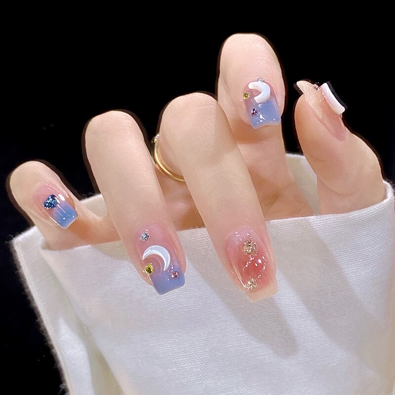 24Pcs Pink Ballet False Nails Long Coffin with Rhinestone Love Heart Wearable Fake Nails Full Cover Press on Nails Tips Glitter