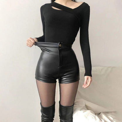 Women's Black Goth Pants Shorts High Waist Spring Autumn Fashion Tight Stretch Y2K Corduroy Female Casual Pants