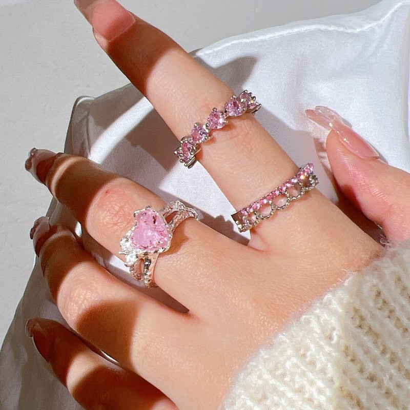 Pink Crystal Heart Bowknot Rings For Women Girls Y2k Kpop Sweet Cool Open Finger Rings Party Fashion Jewelry Gifts New