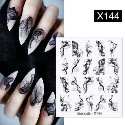 Harunouta Black Lines Flower Leaves Water Decals Stickers Floral Face Marble Pattern Slider For Nails Summer Nail Art Decoration