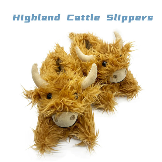 Highland Cow Slippers Plush Scottish Cattle Slippers Brown Winter Warm Home Slipper Kawaii Animal Shoes Adult Plushie Gift