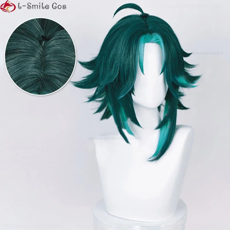 Game Genshin Impact Cosplay Xiao Wig 40cm Short Green Hair With Stickers Ring Heat Resistant Synthetic Party Wigs + Wig Cap