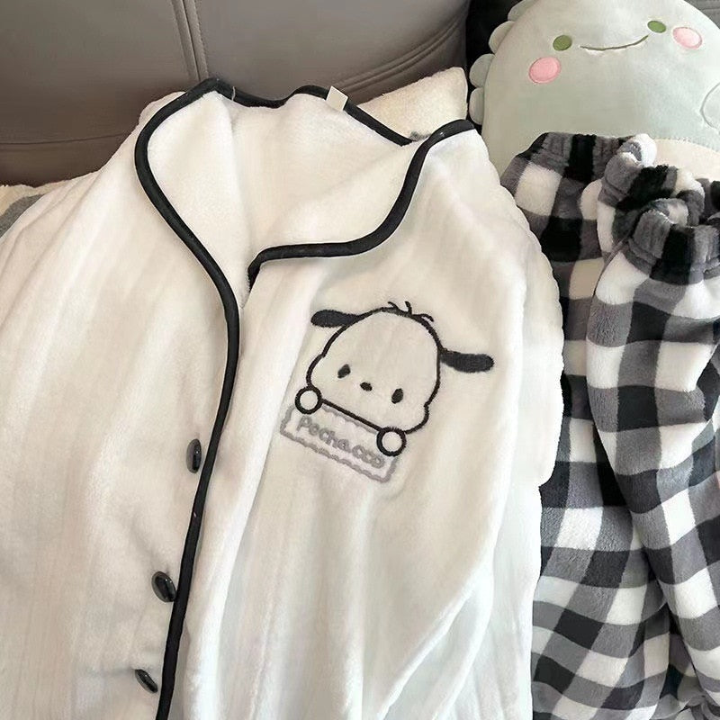 Sanrio Kawaii Pochacco Women Winter Warm Flannel Pajamas Thick Coral Velvet Long Sleeve Cartoon Sleepwear Kawaii Home Suit Coat