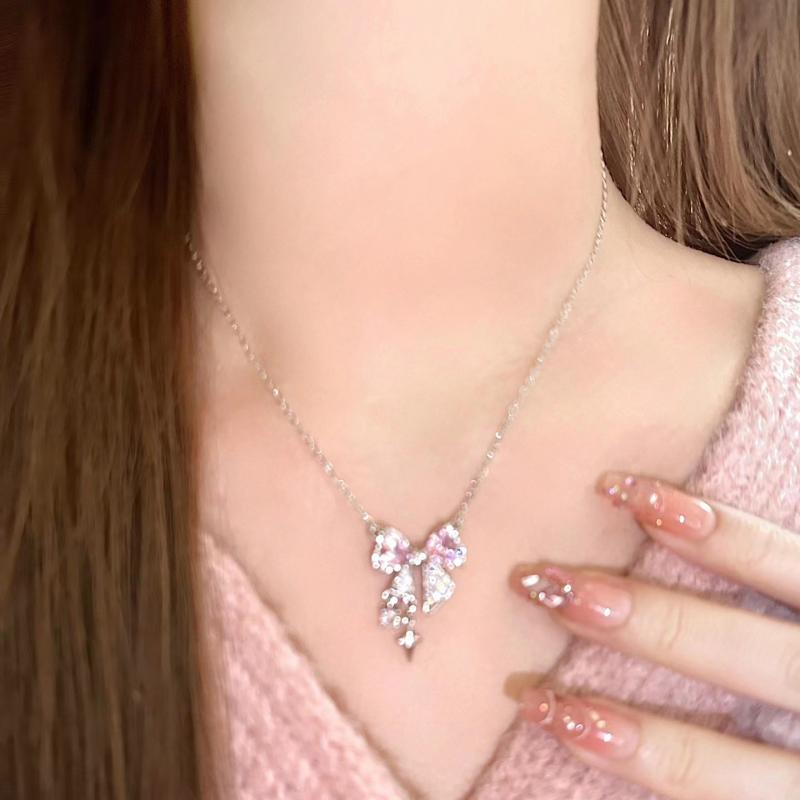 Korea New Design Bowknot Pink Zircon Cross Pendant Necklaces Fashion Temperament Clavicle Chain for Women Trendy Party Jewelry