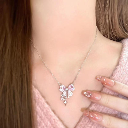 Korea New Design Bowknot Pink Zircon Cross Pendant Necklaces Fashion Temperament Clavicle Chain for Women Trendy Party Jewelry