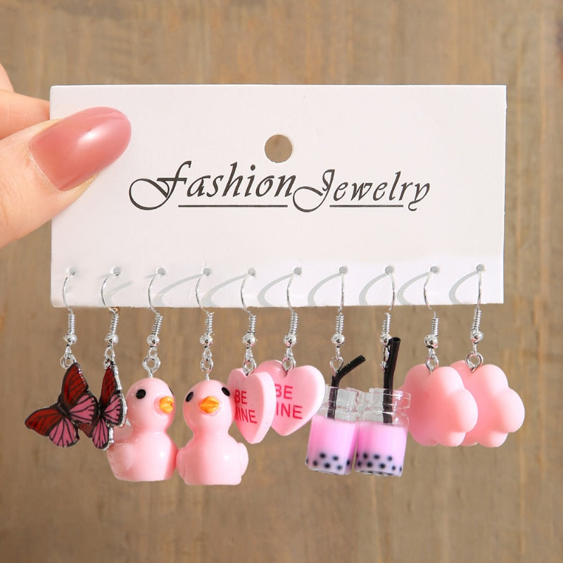 Pink Cartoon Duck Earrings Set Cute Animal Butterfly Heart Dangle Earrings For Women Girls Geometric Earring Trendy Jewelry Gift