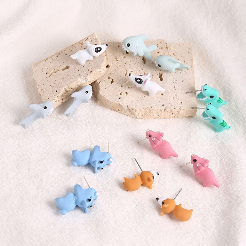 Kawaii Dinosaur T-Rex Stud Earrings: Cute Cartoon Animal Little Dog Whale Hippo Baby Shark Bite Ear Clay Jewelry Funny Gift