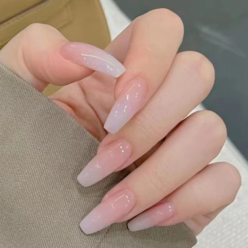24pcs pink clouds design false nails with glue press on nails medium length acrylic nails coffin full cover nails tips supplies