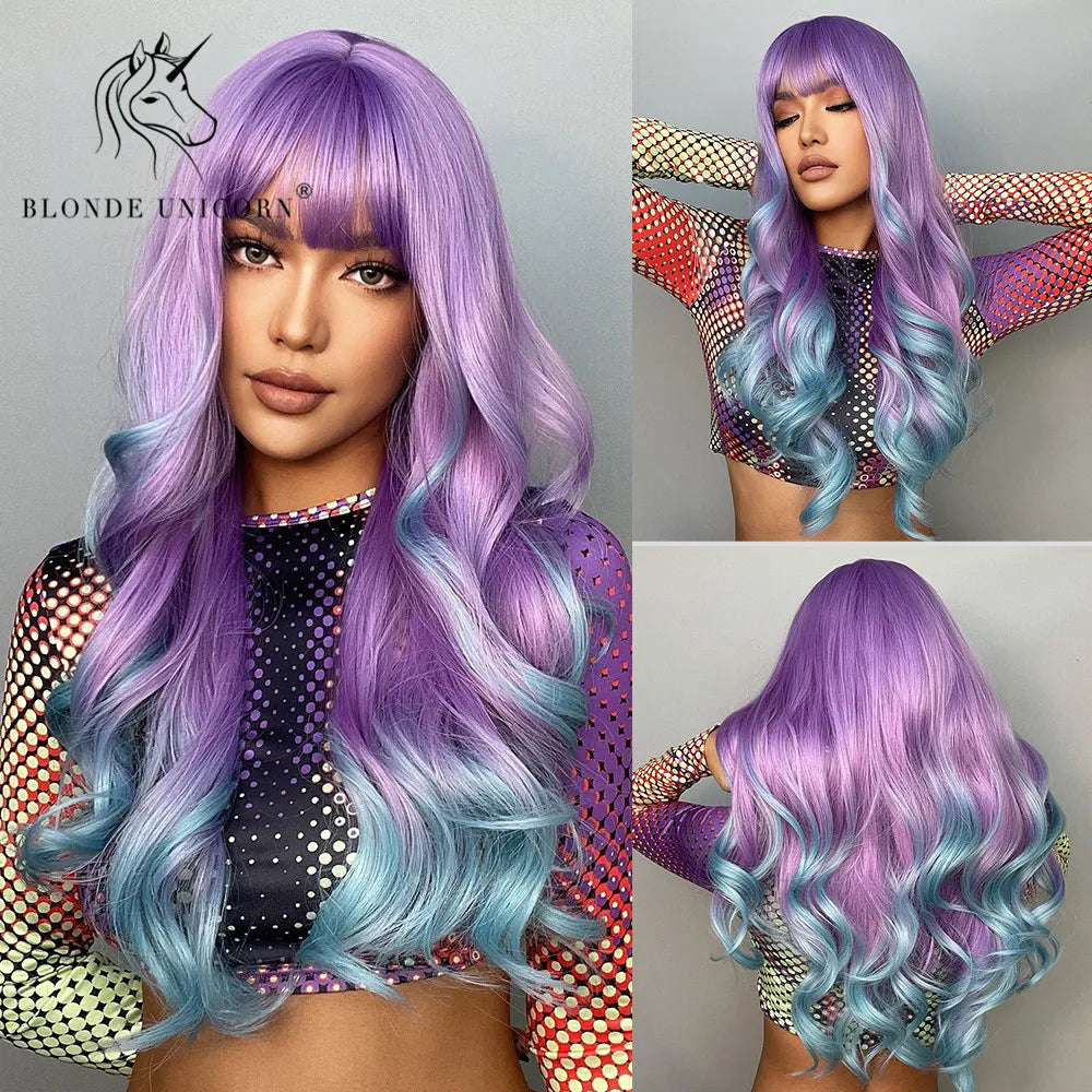 Blonde Unicorn Synthetic Long Wavy Wig Ombre Purple to Blue For WOMEN Cosplay halloween Wigs Heat Resistant Fiber Bangs Hair