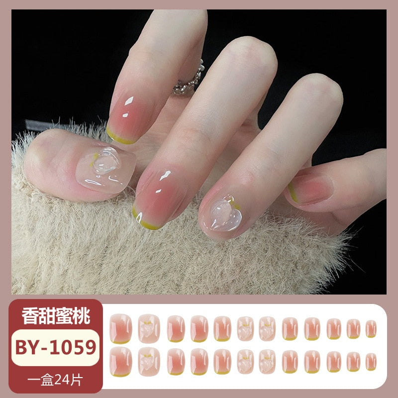 24pcs Wearable Pink Press On Fake Nails Tips With Glue false nails design Butterfly Lovely Girl false nails With Wearing Tools