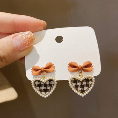 Cute Korean Hanging Love Grid Pearl Heart Earrings For Women Girls Trendy Party Jewelry Fashion New Bowknot Earrings Gifts