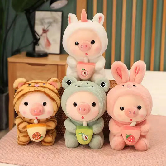 25cm Kawaii Bubble Tea Pig Plush Toy Stuffed Animal Bunny Frog Tiger Pillow Cup Milk Tea Boba Plushie Doll Birthday Gift
