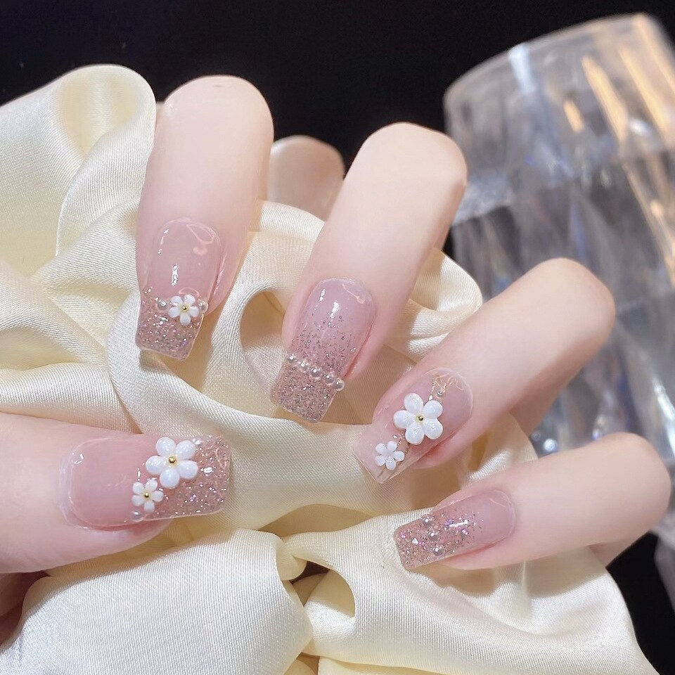24Pcs Pink Ballet False Nails Long Coffin with Rhinestone Love Heart Wearable Fake Nails Full Cover Press on Nails Tips Glitter