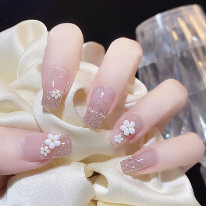 24Pcs Pink Ballet False Nails Long Coffin with Rhinestone Love Heart Wearable Fake Nails Full Cover Press on Nails Tips Glitter