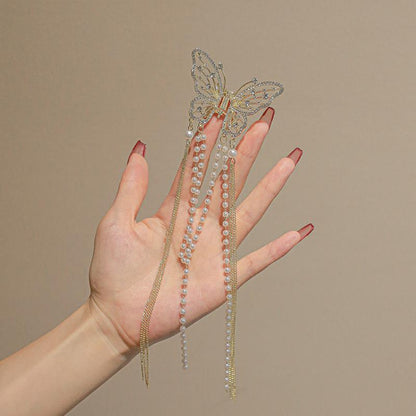 New Female Butterfly Pearl Tassel Hair Claw Rhinestone Clip Korean Simple Shark Ponytail Crab Clip Girls Hair Accessories
