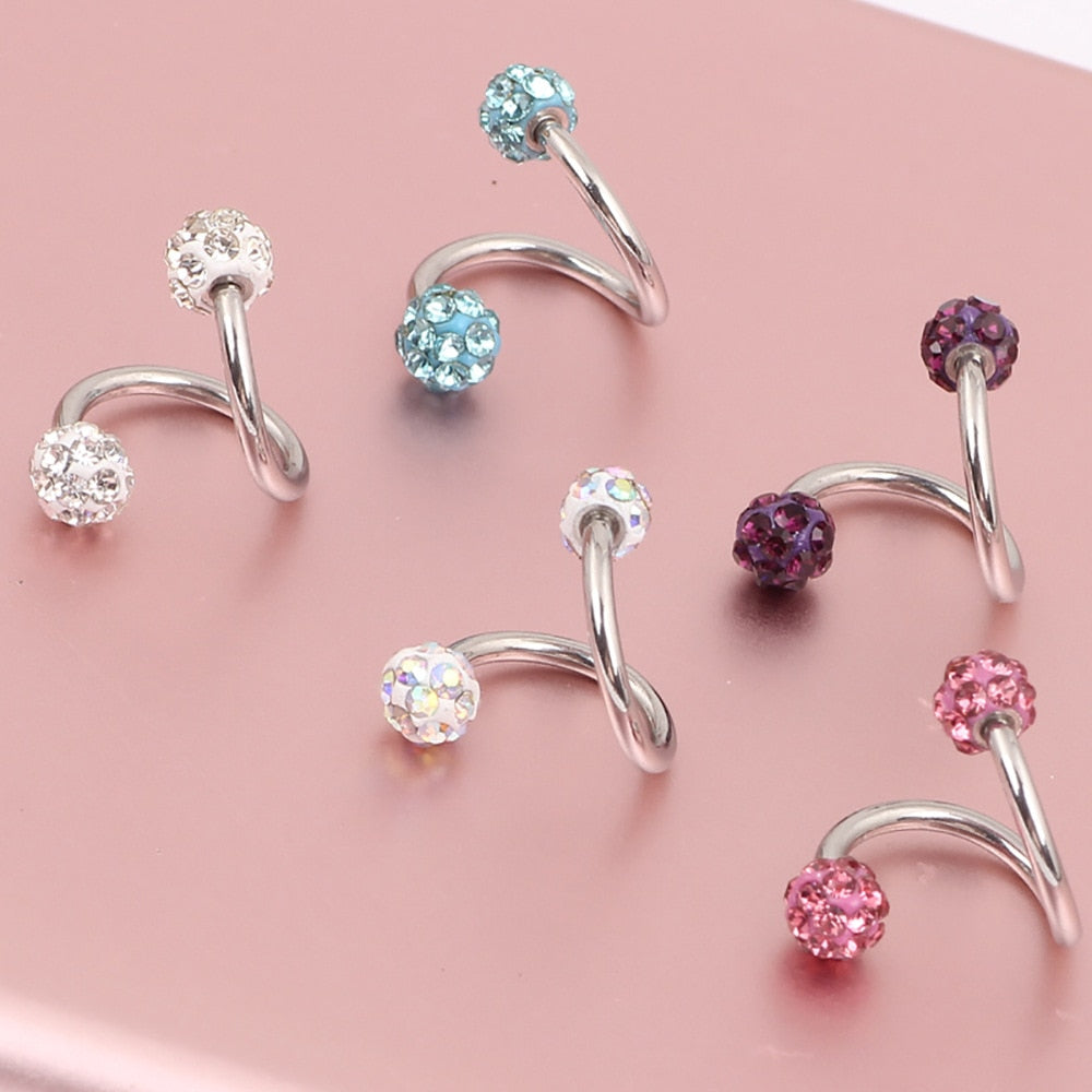 1PCS Stainless Steel Crystal Twist Helix Earring Cartilage Jewelry S Shape Labret Piercing Lip Ring Twist Tragus Earring Stud