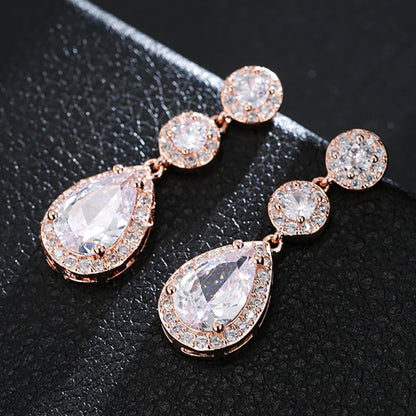 Luxury Zircon Wedding Long Dangle Earrings with Round Water Drop Elegant CZ Earrings for Women Bridal Wedding Jewelry Dress