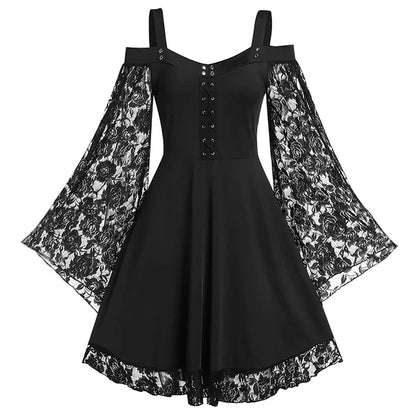 Gothic Vintage Dress Lace Flare Sleeve Womens Autumn Fashion XL Sizes