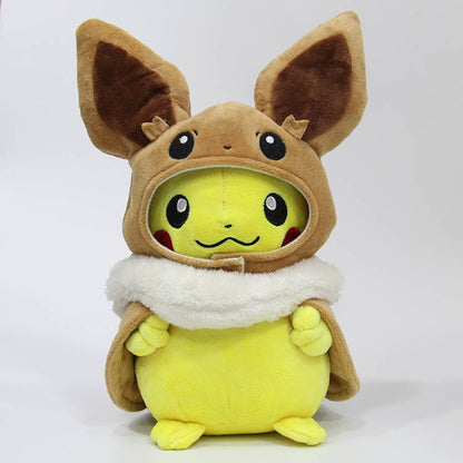 TAKARA TOMY Pokemon Plush Toys Pikachu Cosplay Eevee Plush Game Stuffed Dolls Eevee with Cloak Cos Pikachu Toy Kids Gift