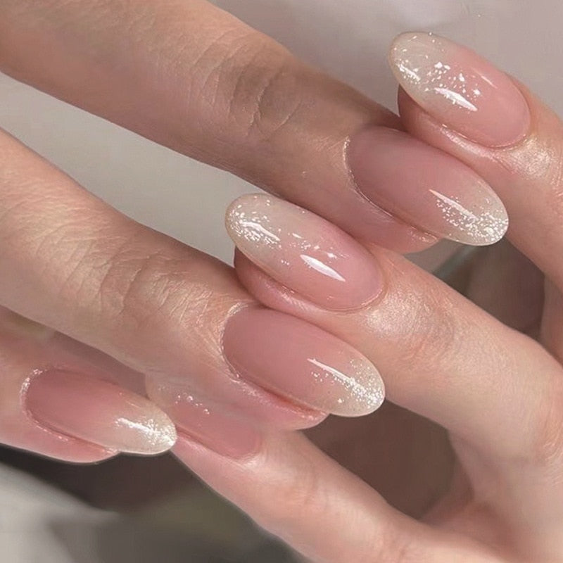 24pcs pink clouds design false nails with glue press on nails medium length acrylic nails coffin full cover nails tips supplies