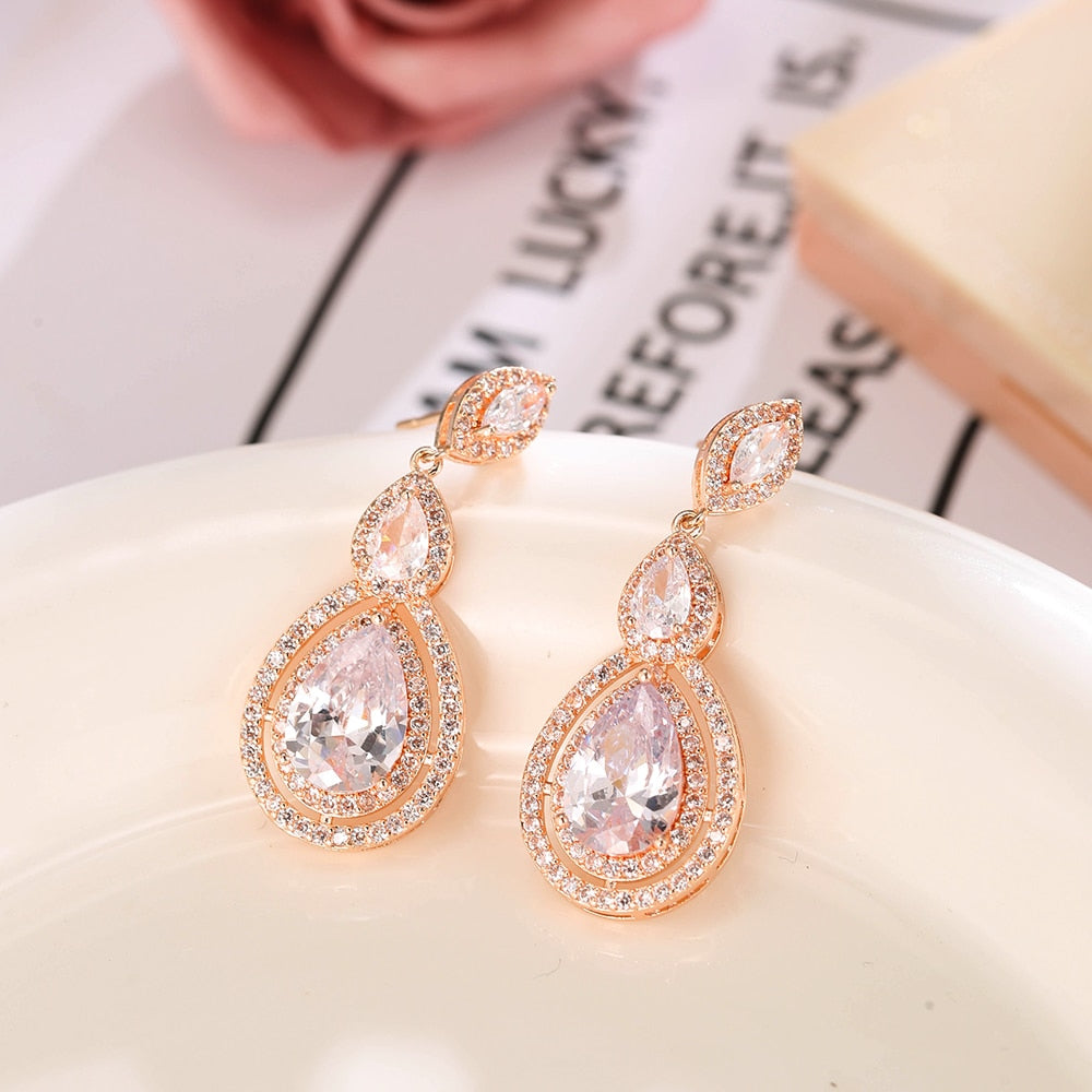 Luxury Zircon Wedding Long Dangle Earrings with Round Water Drop Elegant CZ Earrings for Women Bridal Wedding Jewelry Dress