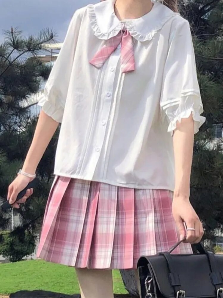 White Shirt Kawaii Peter Pan Collar Preppy Style Blouses Woman Sweet Ruffle Short Sleeve Tops Summer Fashion