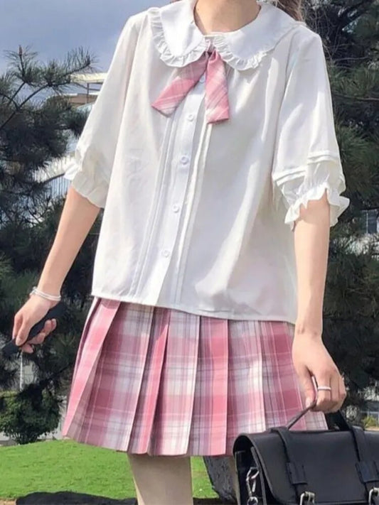 White Shirt Kawaii Peter Pan Collar Preppy Style Blouses Woman Sweet Ruffle Short Sleeve Tops Summer Fashion