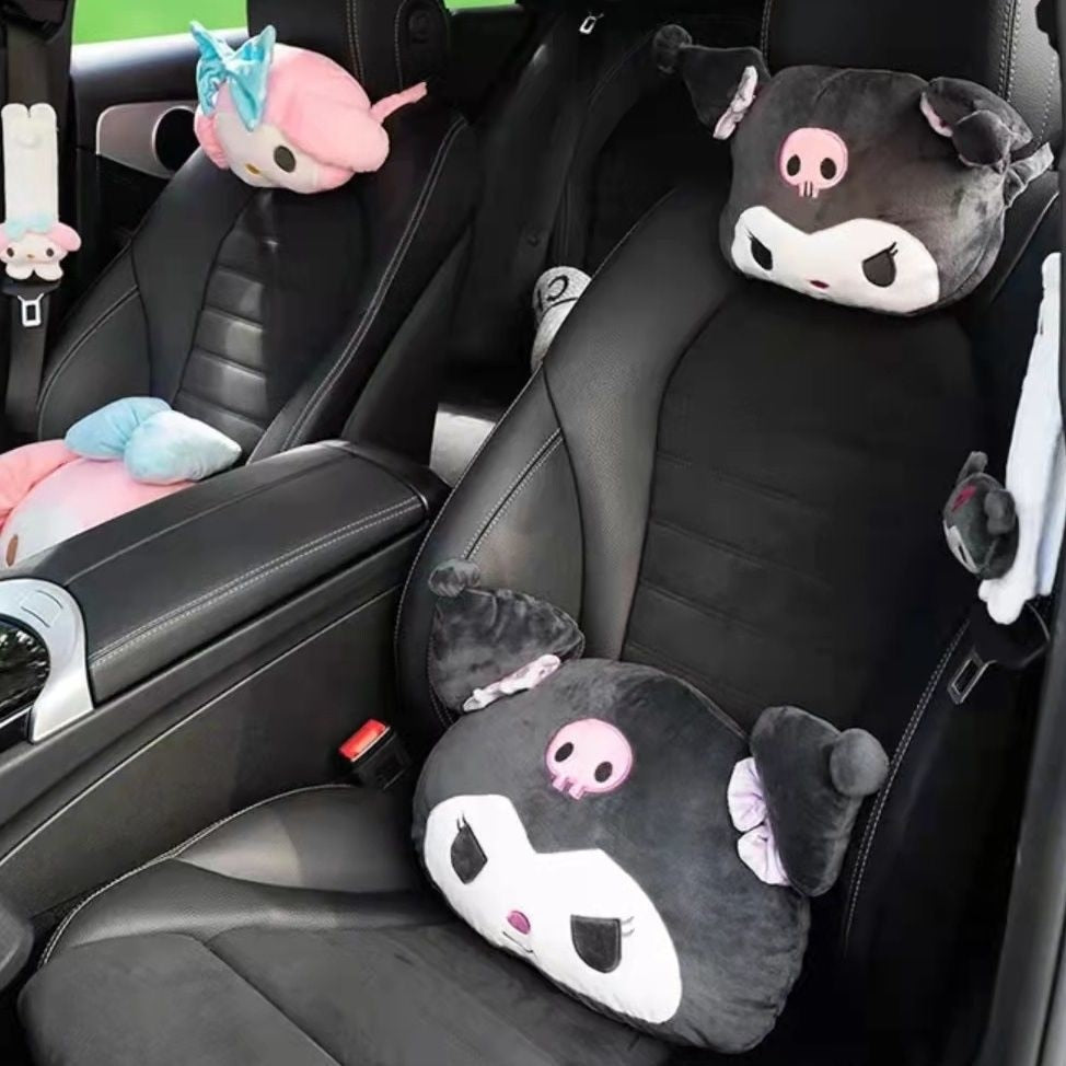 Cute Sanrio Kuromi My Melody Car Seat Pillow Plushie Pink Car Headrest Neck Pillow And Seat Belt Cartoon Stuffed Animal Plush Head Cushion Neck Support