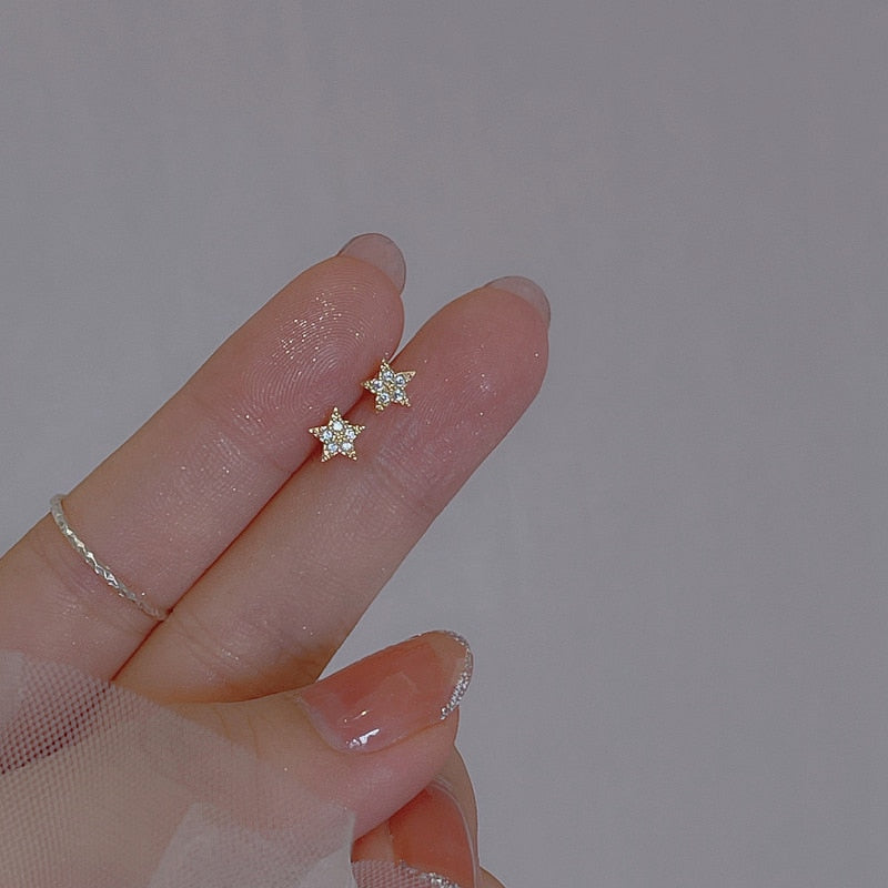 Simple Piercing Stud Earrings for Women Star Moon Zircon 925 Silver Needles Tragus Cartilage Asymmetry Pendiente Plata Jewelry