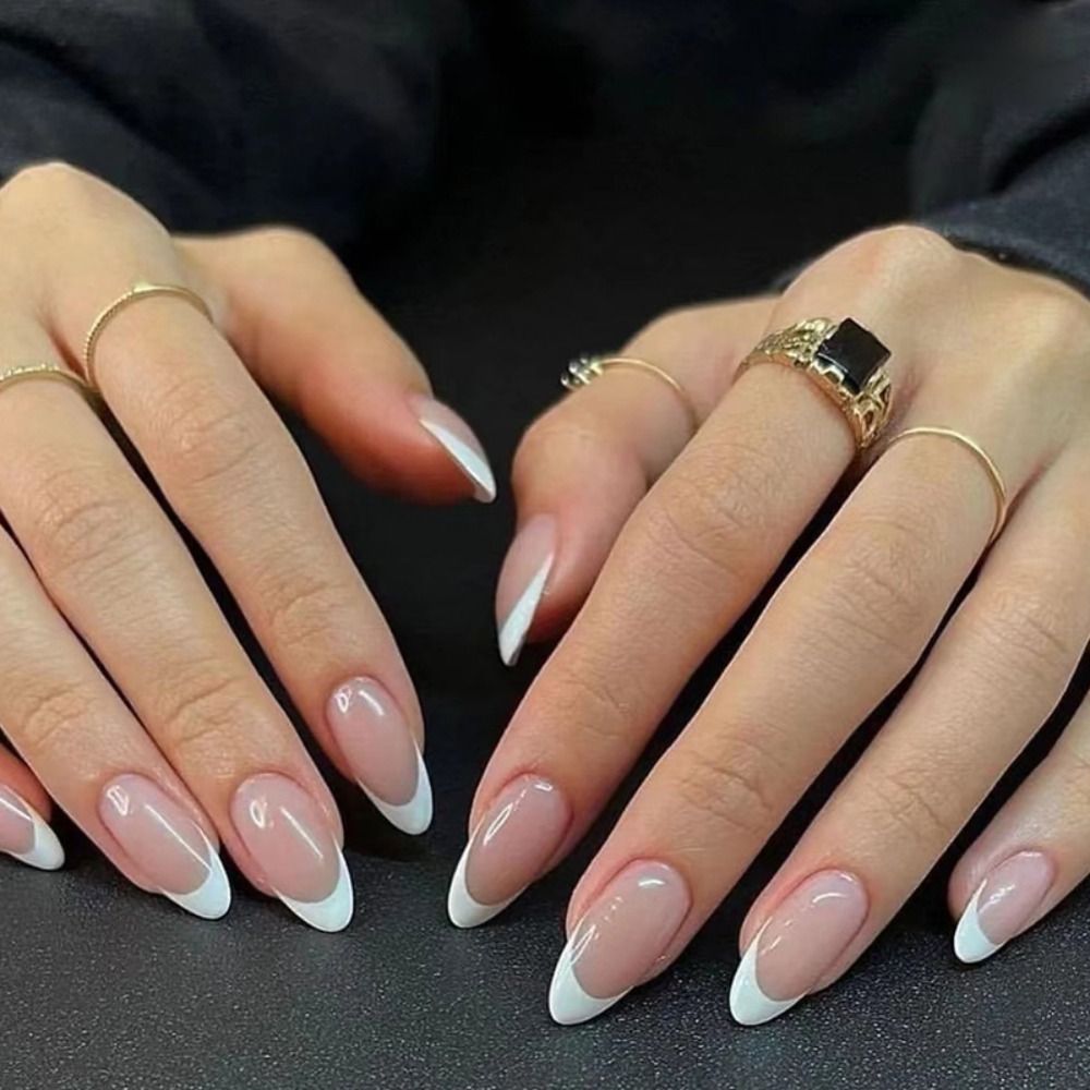 24Pcs Almond Fake Nail Gradient Simple French False Nails Daisy Flower Design Manicure Nails Detachable Full Cover Press On Nail
