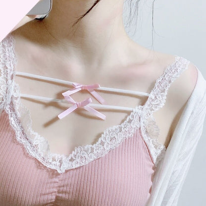 Pink Crop Top Women Summer Cute Y2k Tops Lace Trim Bow Decoration Slim Camis Sweet Girl Lolita Style Aesthetic Kawaii Clothes