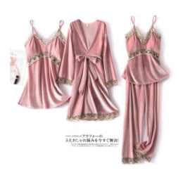 JULY'S SONG Pink 7 Pieces Women's Pajamas Sets Faux Silk Striped Pyjama Women's Pajamas Sleepwear Sets Spring Summer Homewear