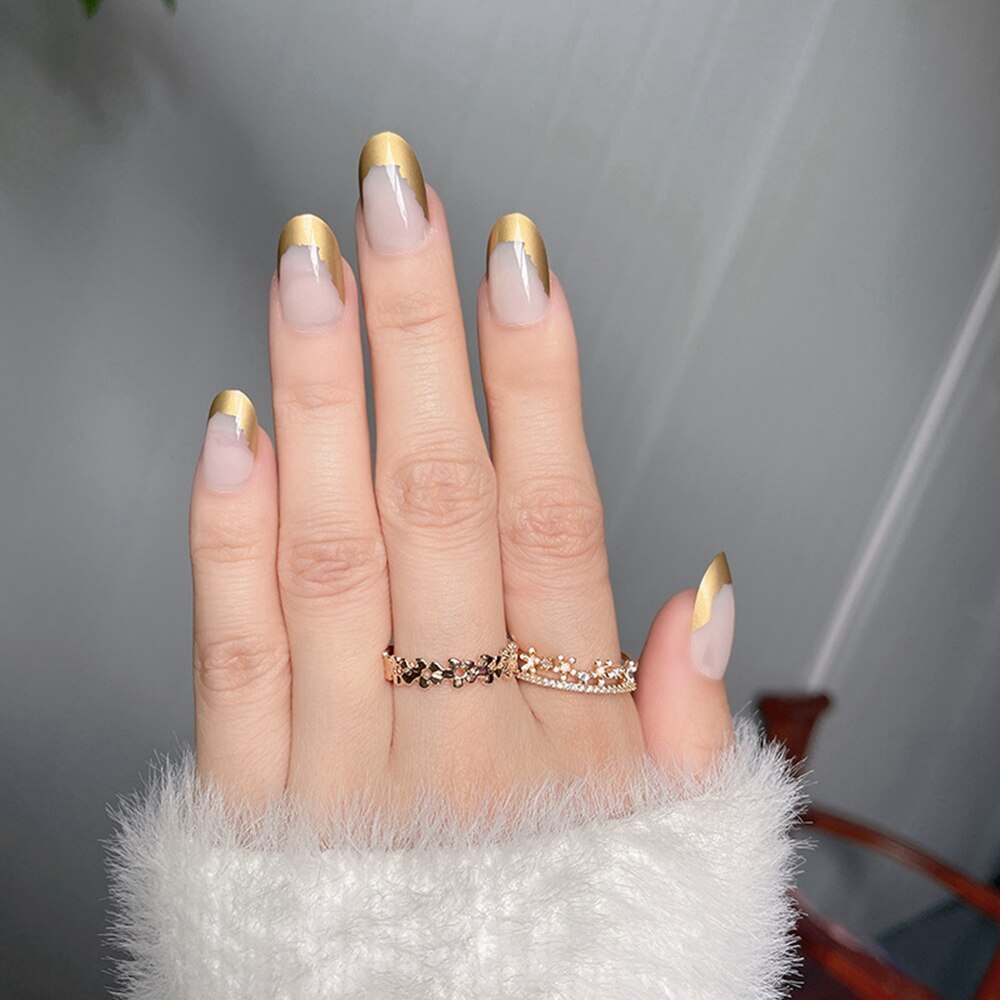 24Pcs Almond Fake Nail Gradient Simple French False Nails Daisy Flower Design Manicure Nails Detachable Full Cover Press On Nail