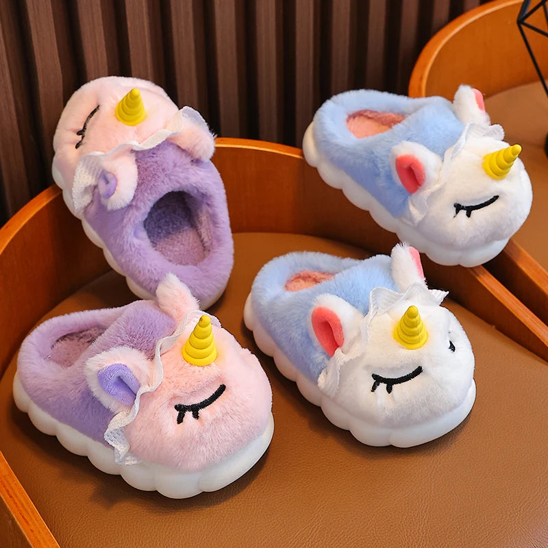 New Winter Kids Cotton Slippers Cartoon Unicorn Children's Indoor Slides Non-Slip Platform Girls And Boys Warm Plush House Shoes