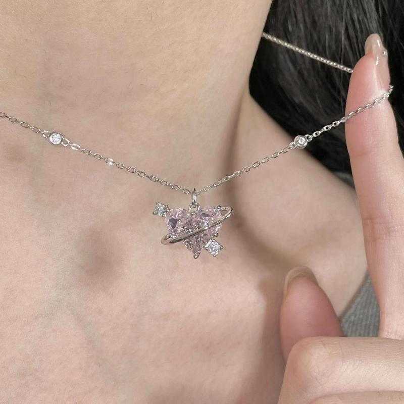 Fashion Pink Planet Heart Zircon Necklace Women Charm Aesthetic Clavicle Chain Necklace Valentines Day Gift Party Jewelry
