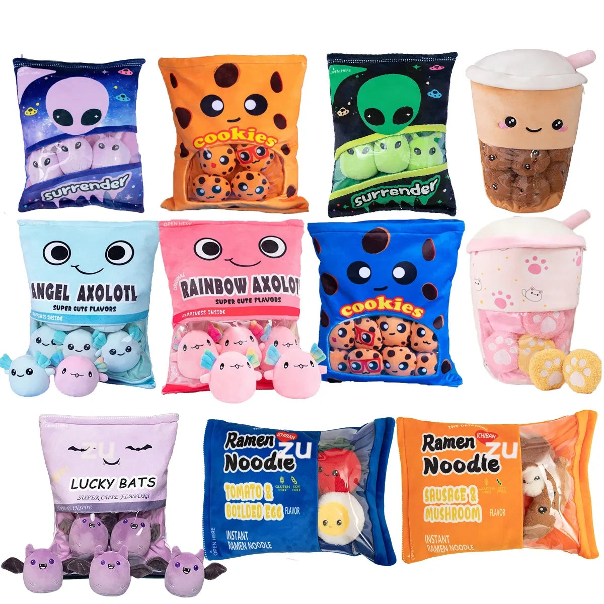 Bag of Snacks Plush Pillow Cookies Puffs Plushie Toy Kids Child Birthday Christmas Gift Stuffed Animal Koala Axolotl Hug Pillow